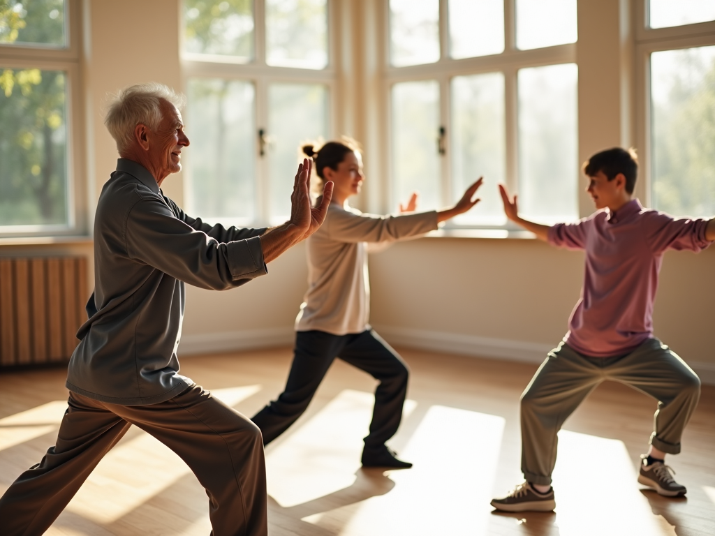 Multi-generational family enjoying Tai Chi in a community center