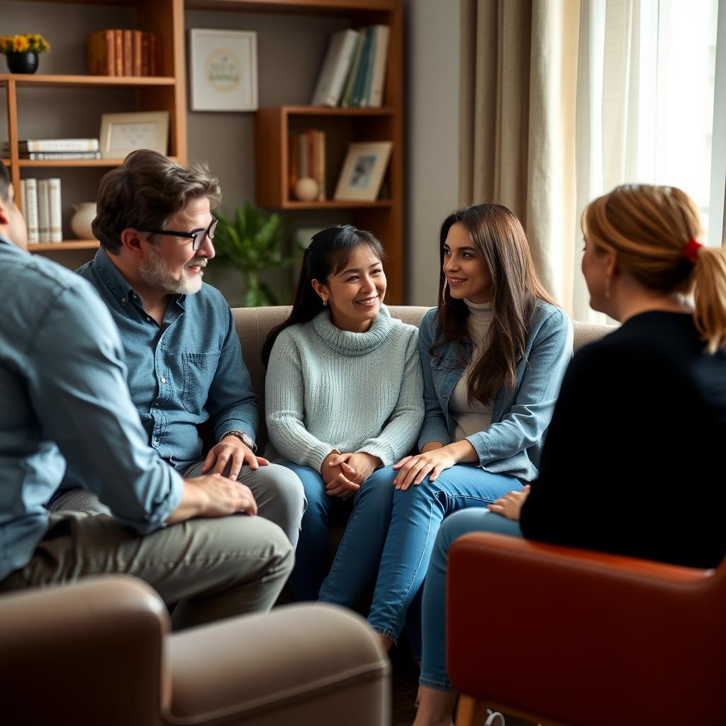 A family in therapy, communicating and supporting each other.