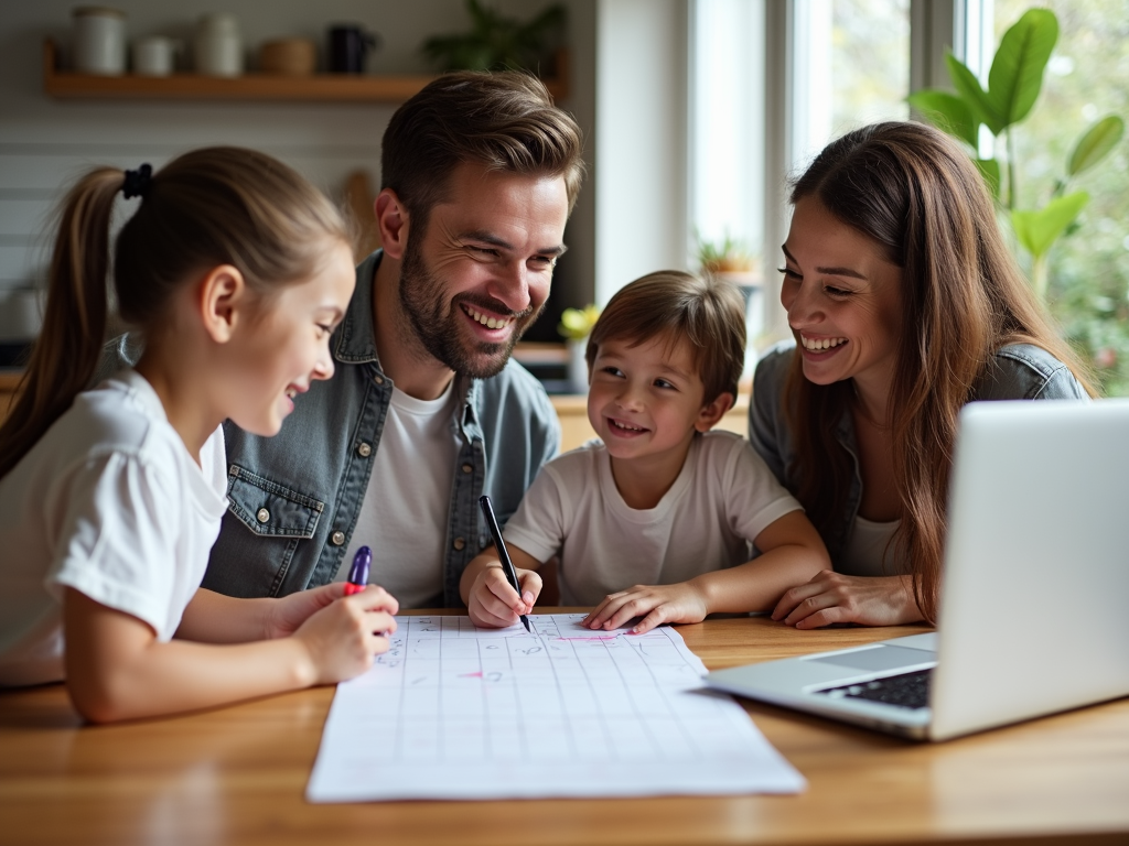 A family planning their fitness challenge together at the kitchen table.