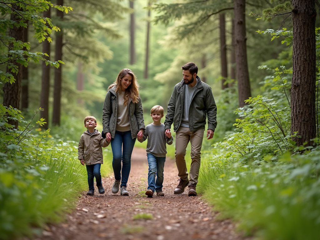 A family hiking together on a scenic forest trail.