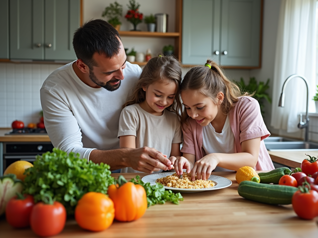 Family cooking healthy meal together