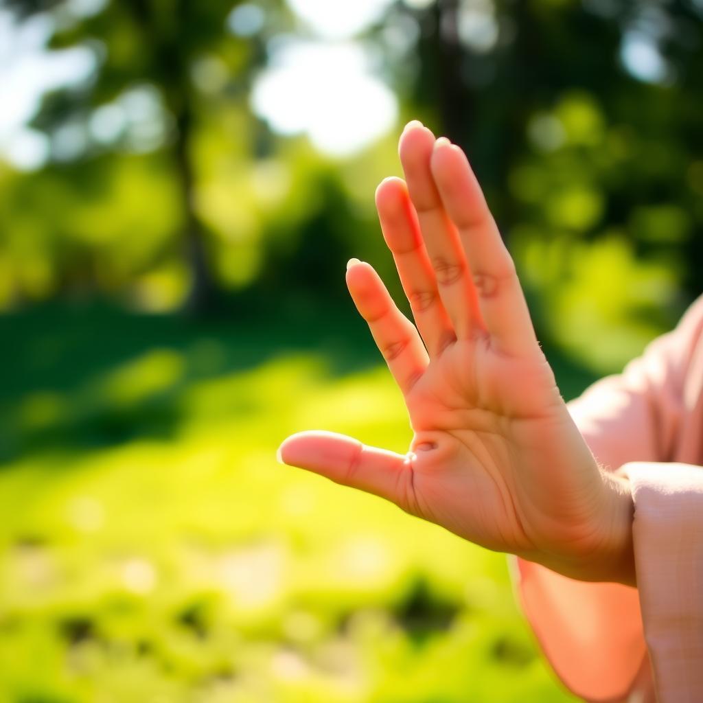 Close-up of hands performing a Tai Chi movement in soft sunlight with a blurred natural background.