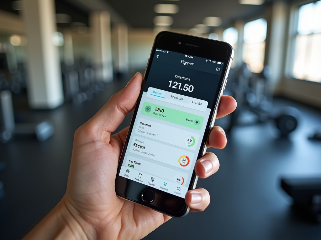 A hand holding a smartphone showing fitness tracking app metrics in a gym.