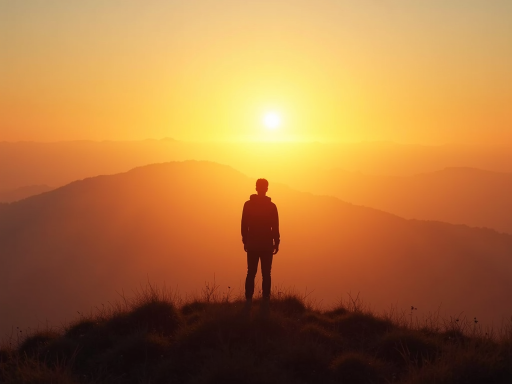 Person on hilltop at sunrise, symbolizing hope and growth
