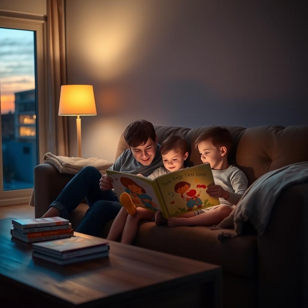 A parent and two children reading a storybook together in a cozy living room at dusk.