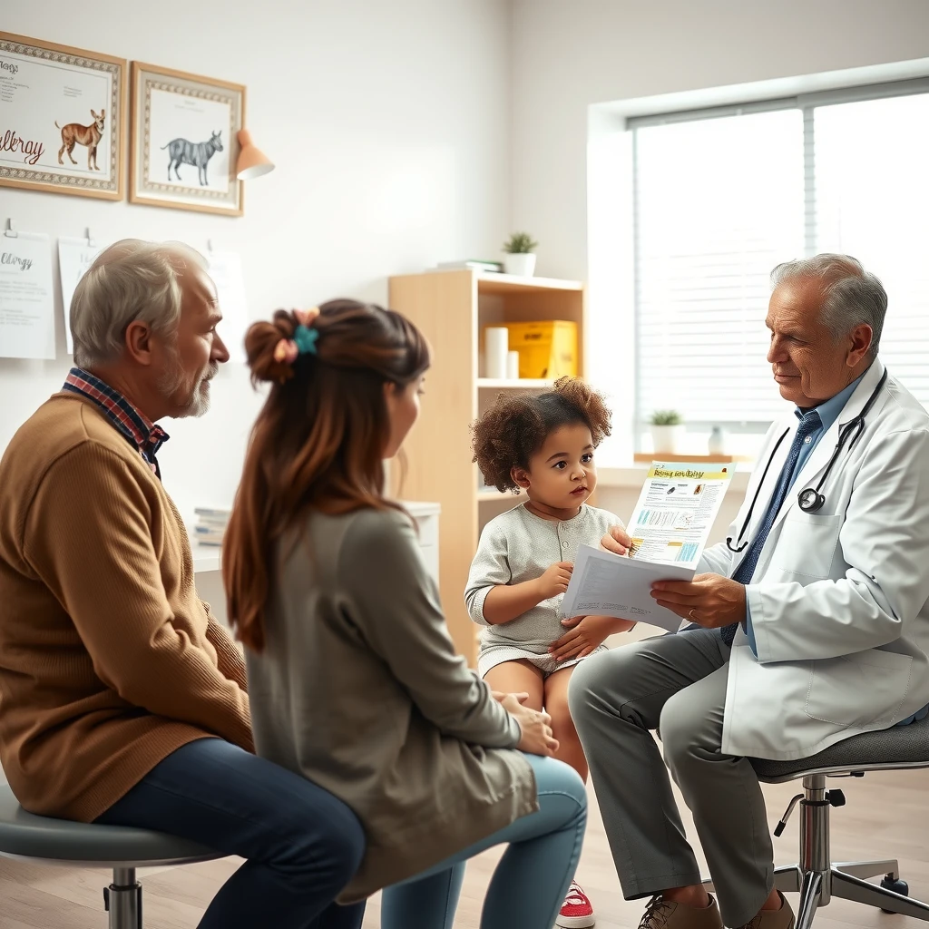 Doctor consulting with parents about child's FPIES in medical office
