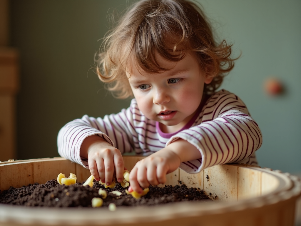 Child feeding worm compost bin