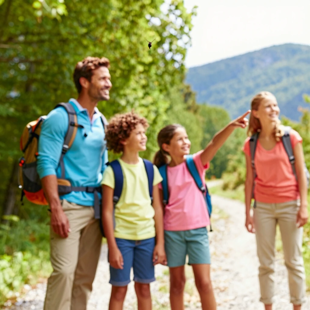 Diverse family hiking happily on a forest trail