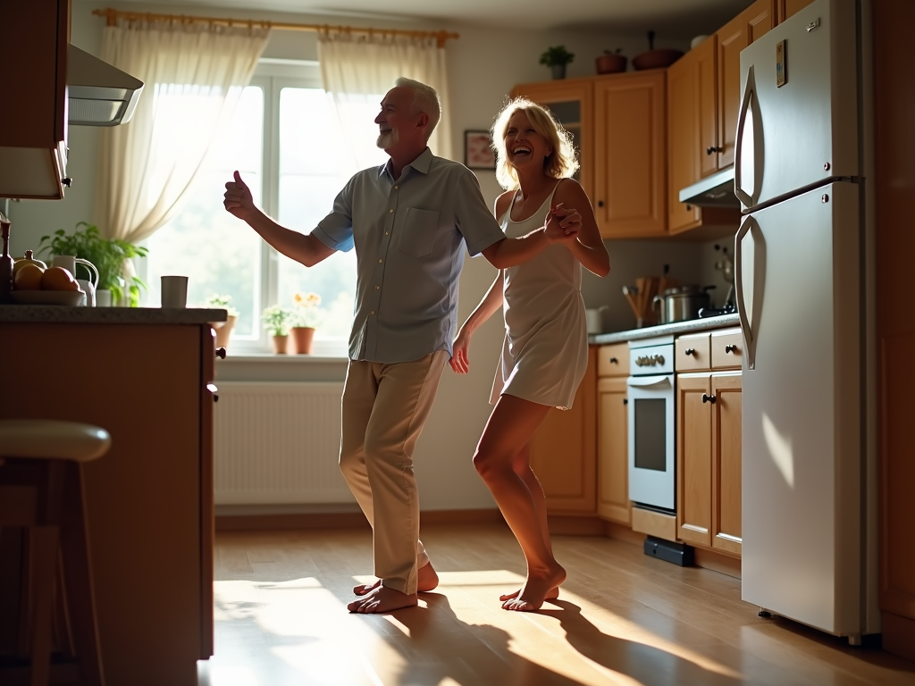 Senior couple dancing in their kitchen as a joyful low-impact cardio workout.