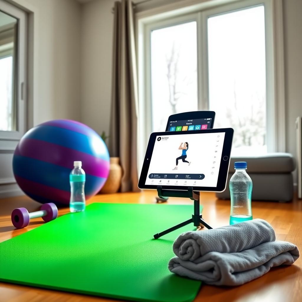 Cozy indoor home gym with yoga mat, dumbbells, and a tablet showing a workout app, set against a snowy window view.