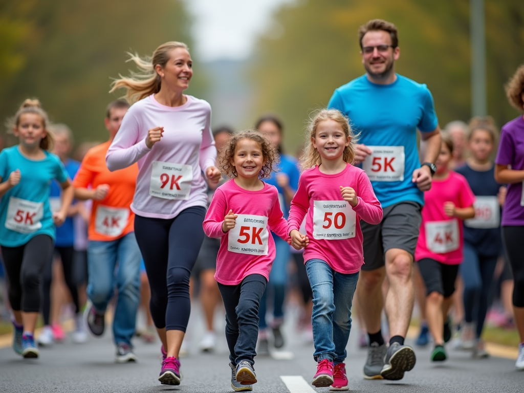 Families celebrating as they finish a 5K run together.