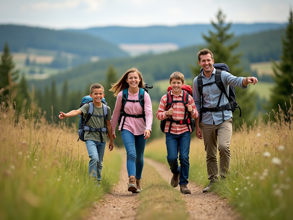 A family hiking together on a trail, enjoying nature and bonding.