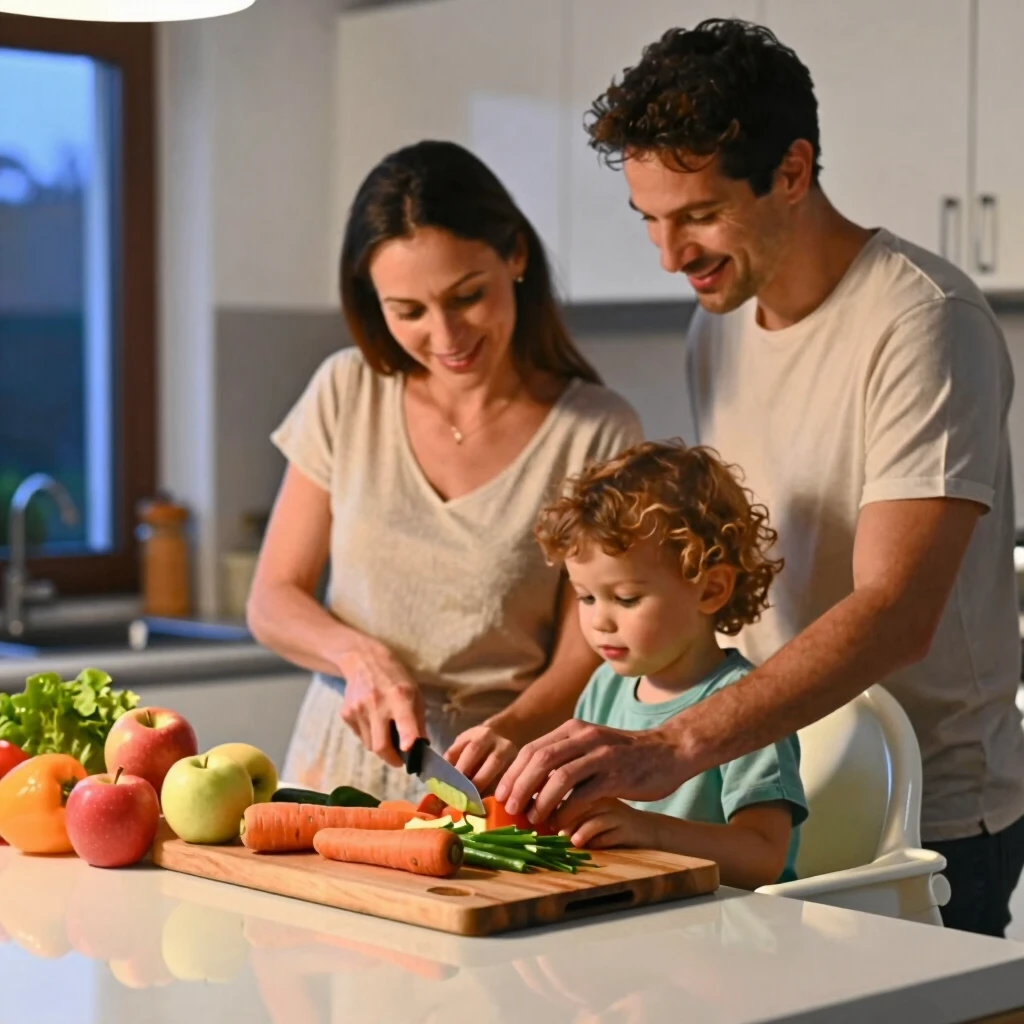 A family preparing allergen-safe meals in a cozy kitchen, fostering connection and caution.