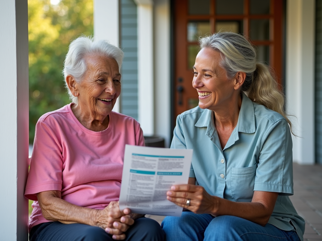 Community health worker educating elderly woman on porch