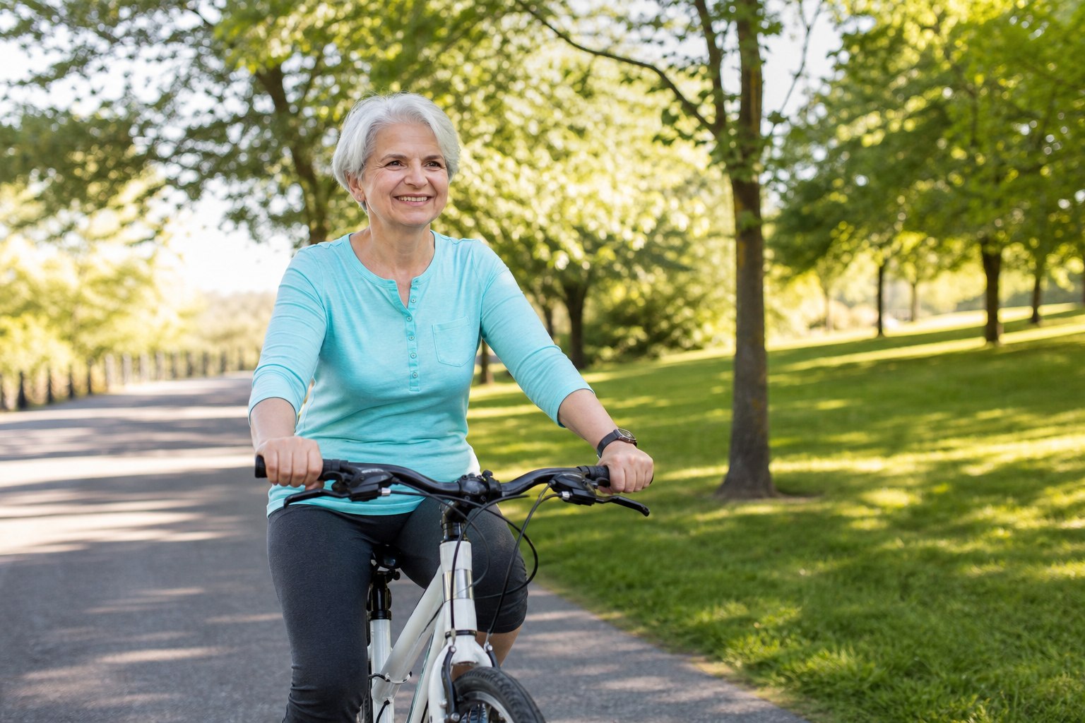 Senior woman happily cycling on a sunny park path to support her heart health