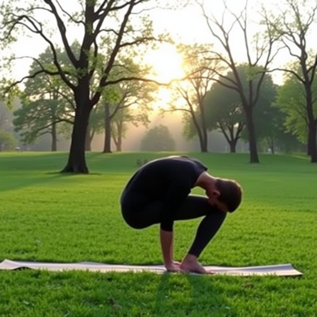 Person doing a seated forward fold stretch on a yoga mat in a peaceful park at sunrise.