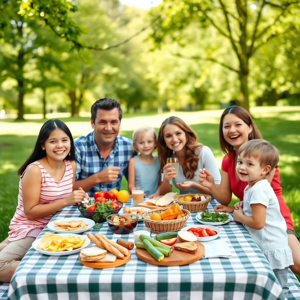 Family enjoying an allergy-safe picnic in a sunny park