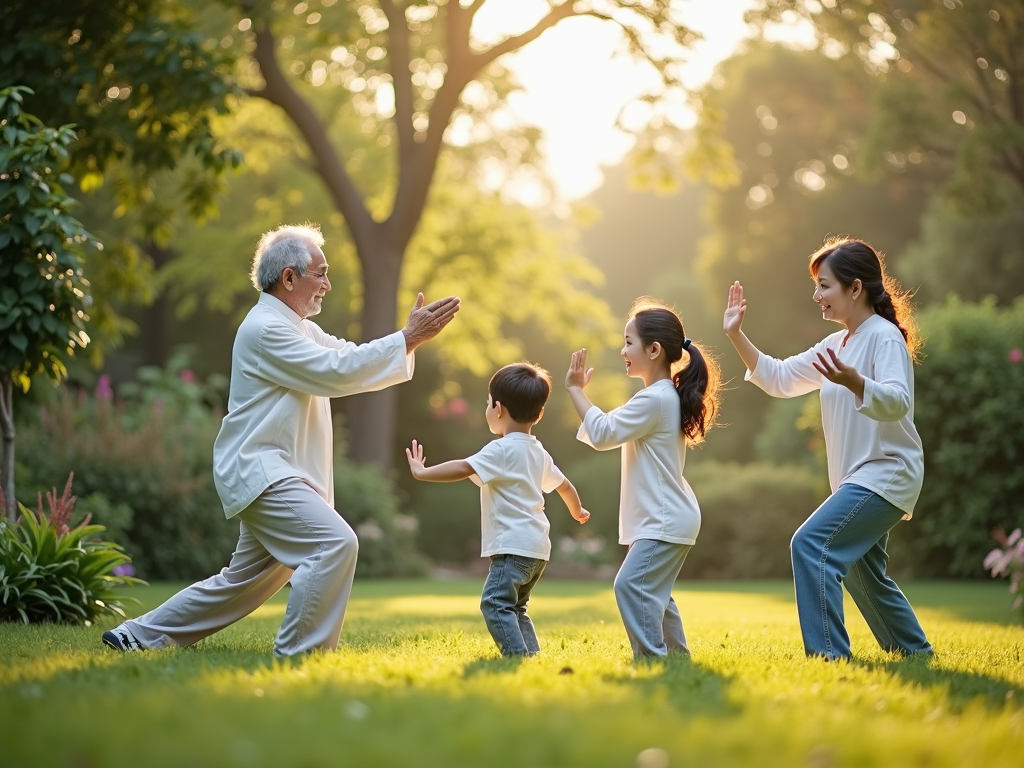 Family practicing tai chi in a garden