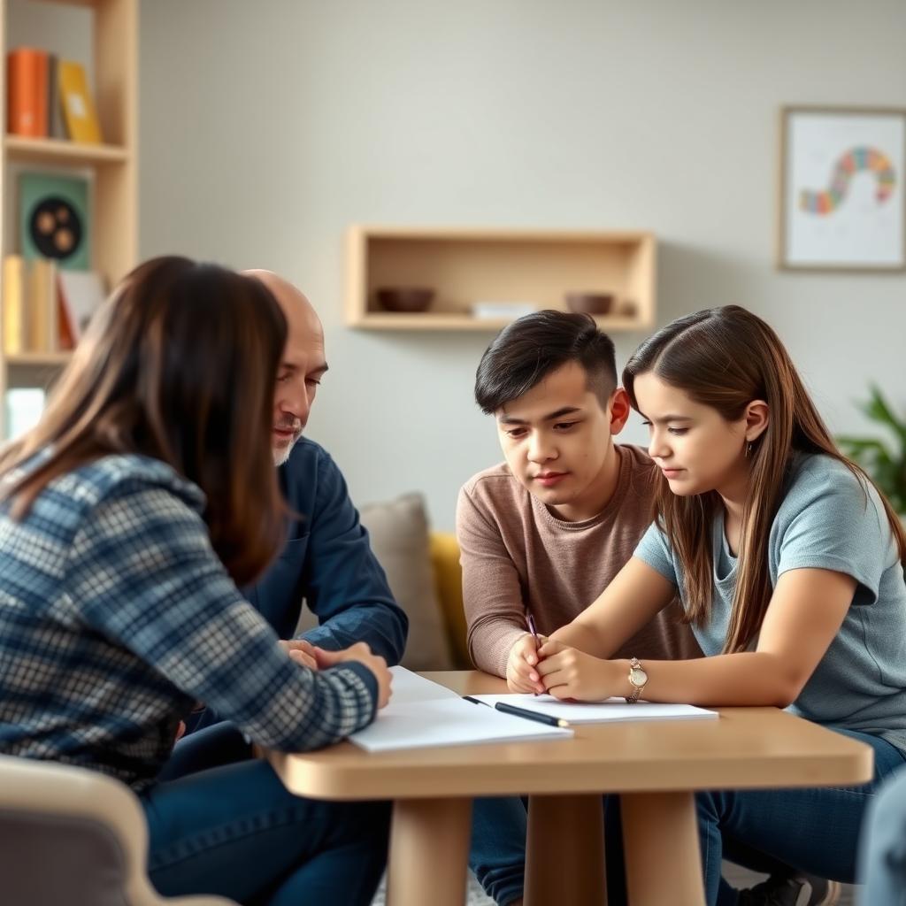 A family practicing behavioral therapy techniques together.