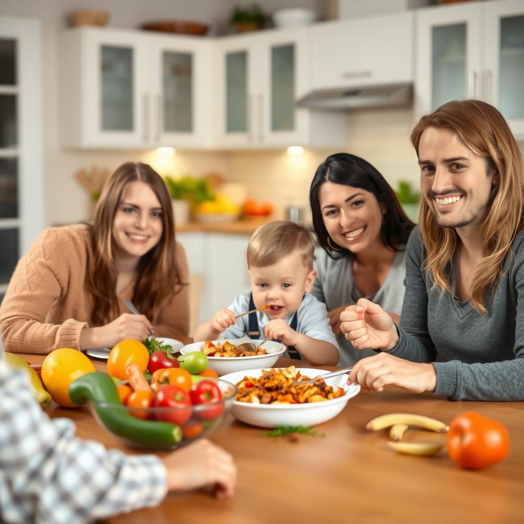 Family enjoying an FPIES-friendly meal together in a cozy kitchen.