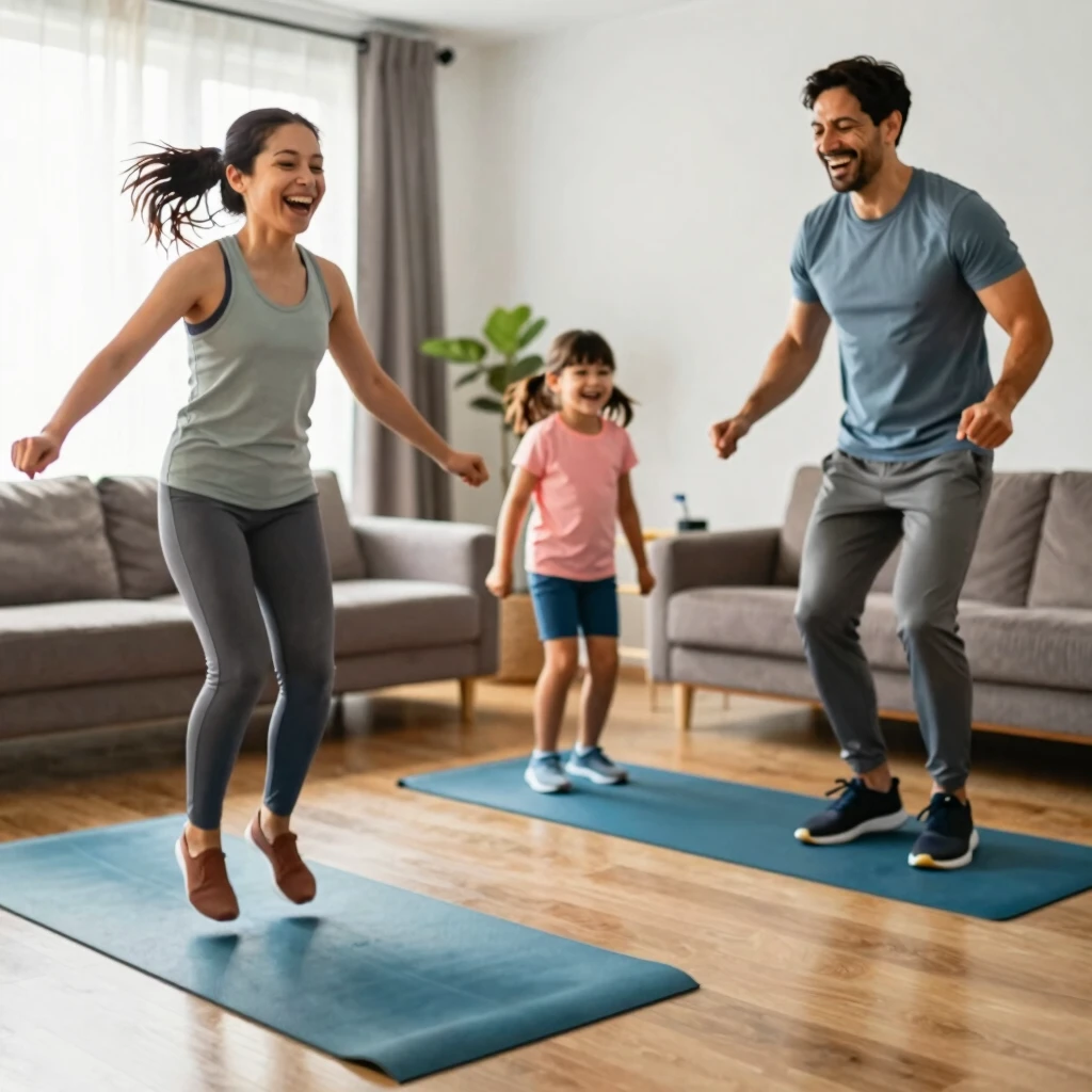 Family participating in a fun home fitness activity together