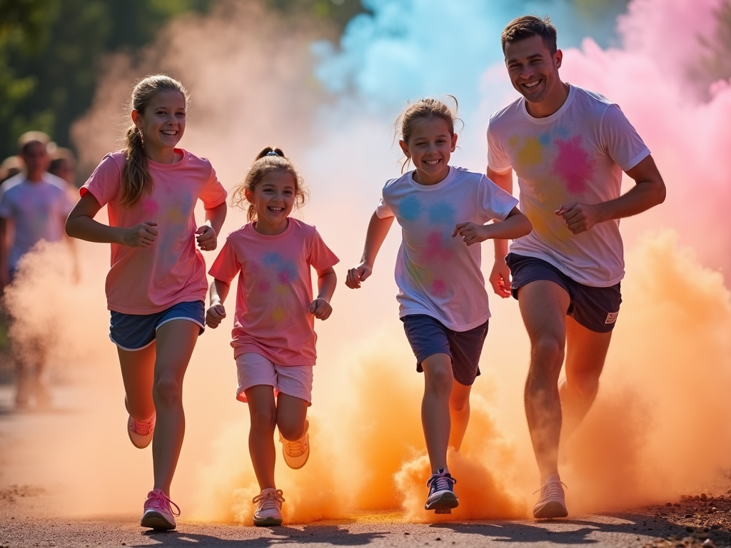 Family running together in a colorful 5K race
