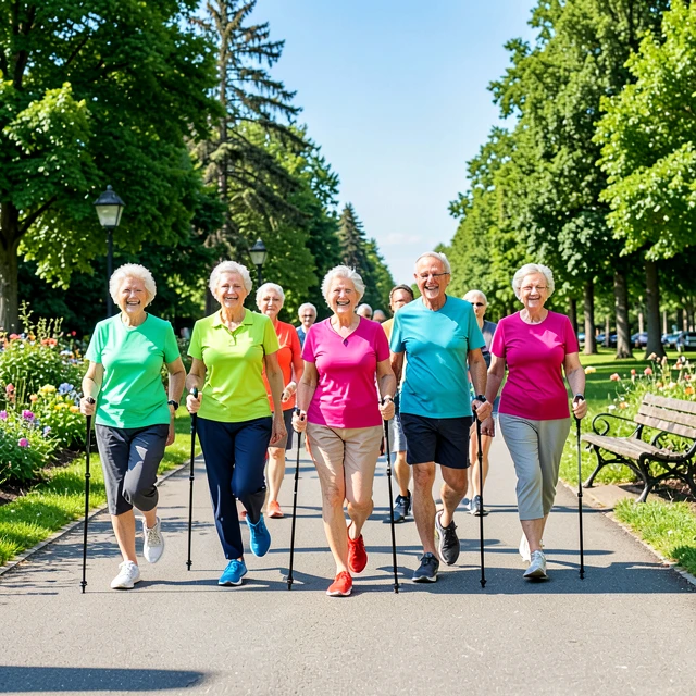 Group of seniors walking briskly in a sunny park to boost mobility and energy