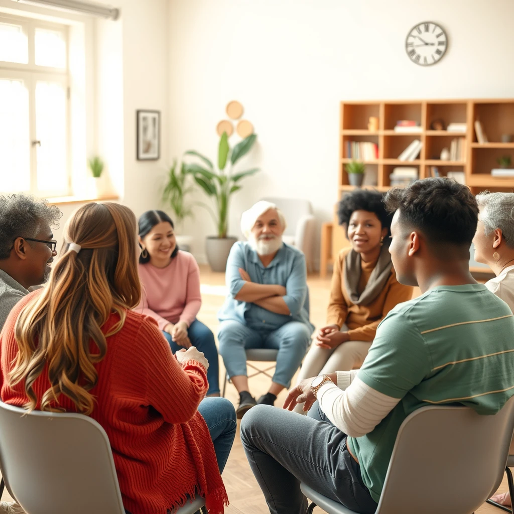 Diverse group in a community support circle discussing mental health