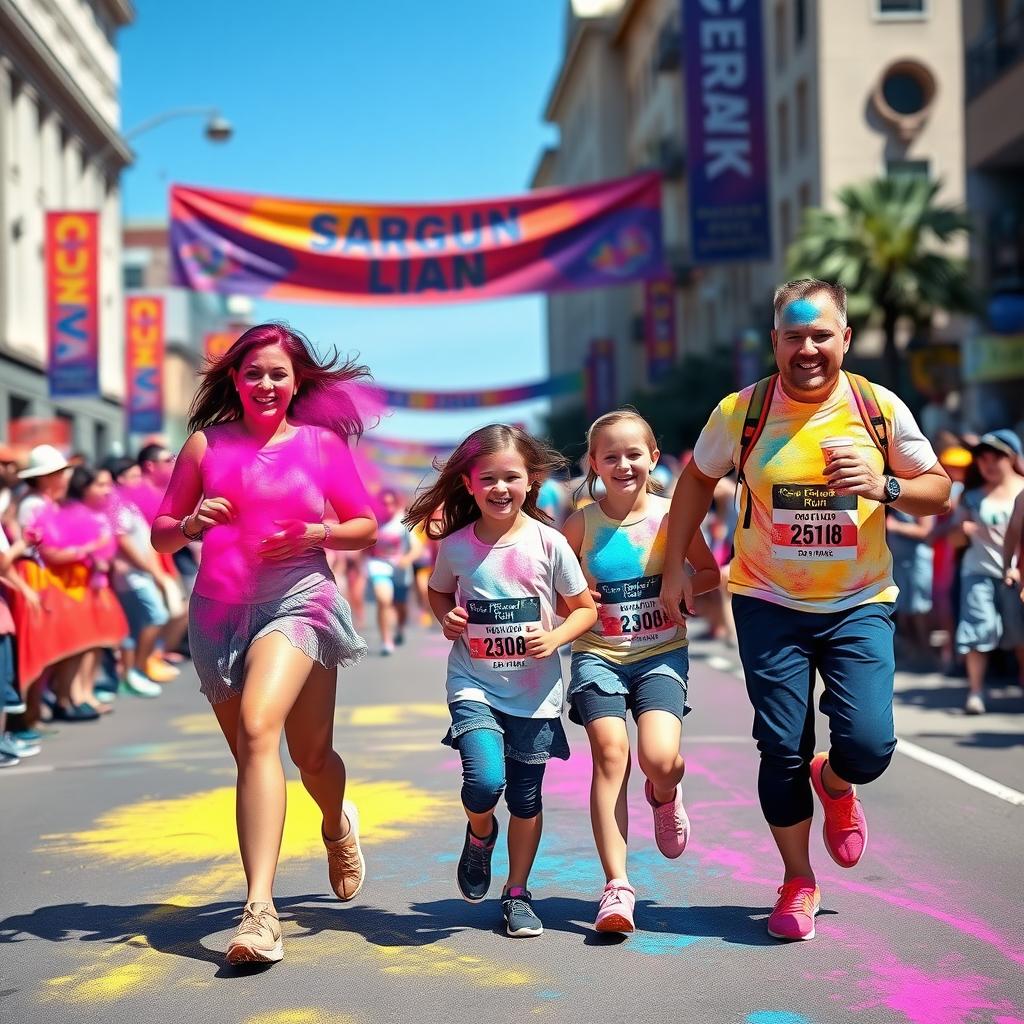 A family runs in a Color Run 5K, covered in bright colored powder, with a cheering crowd in the background.