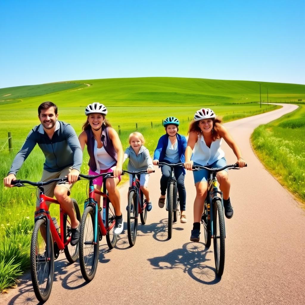 A family of five rides bikes on a scenic trail, enjoying a sunny day together.