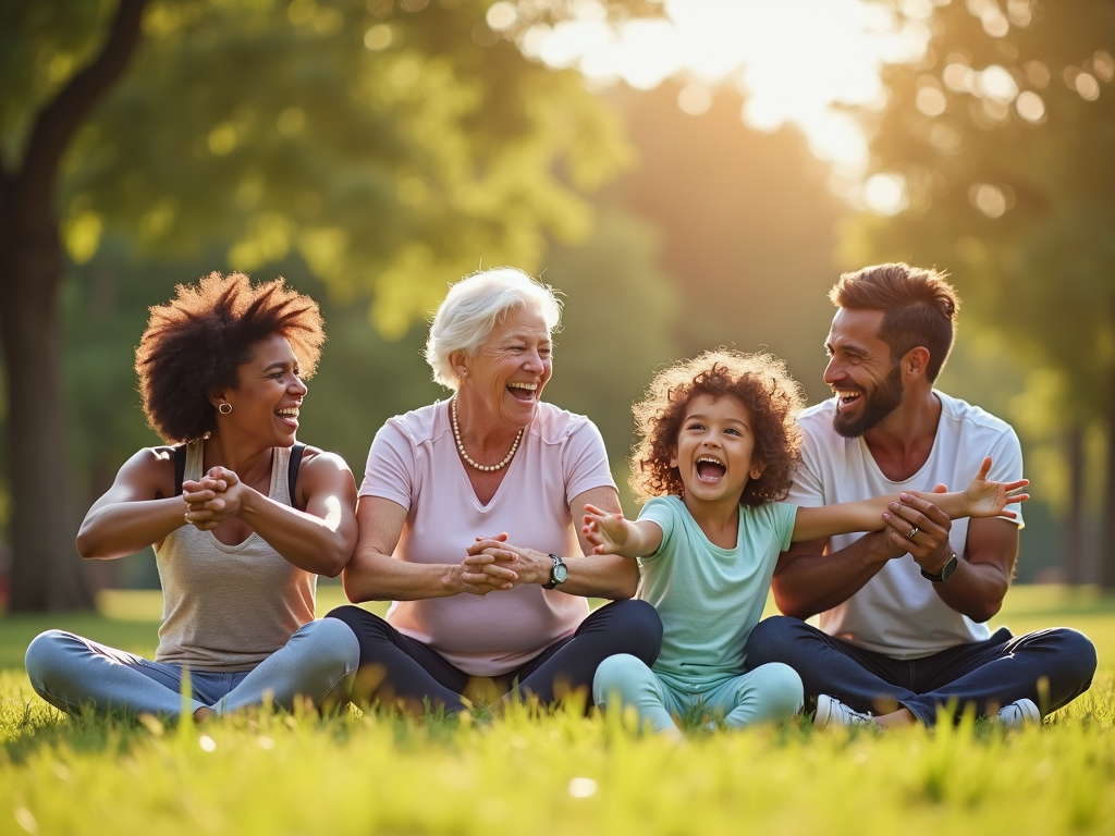 A multi-generational family stretching happily in a park, showing the fun of family fitness.