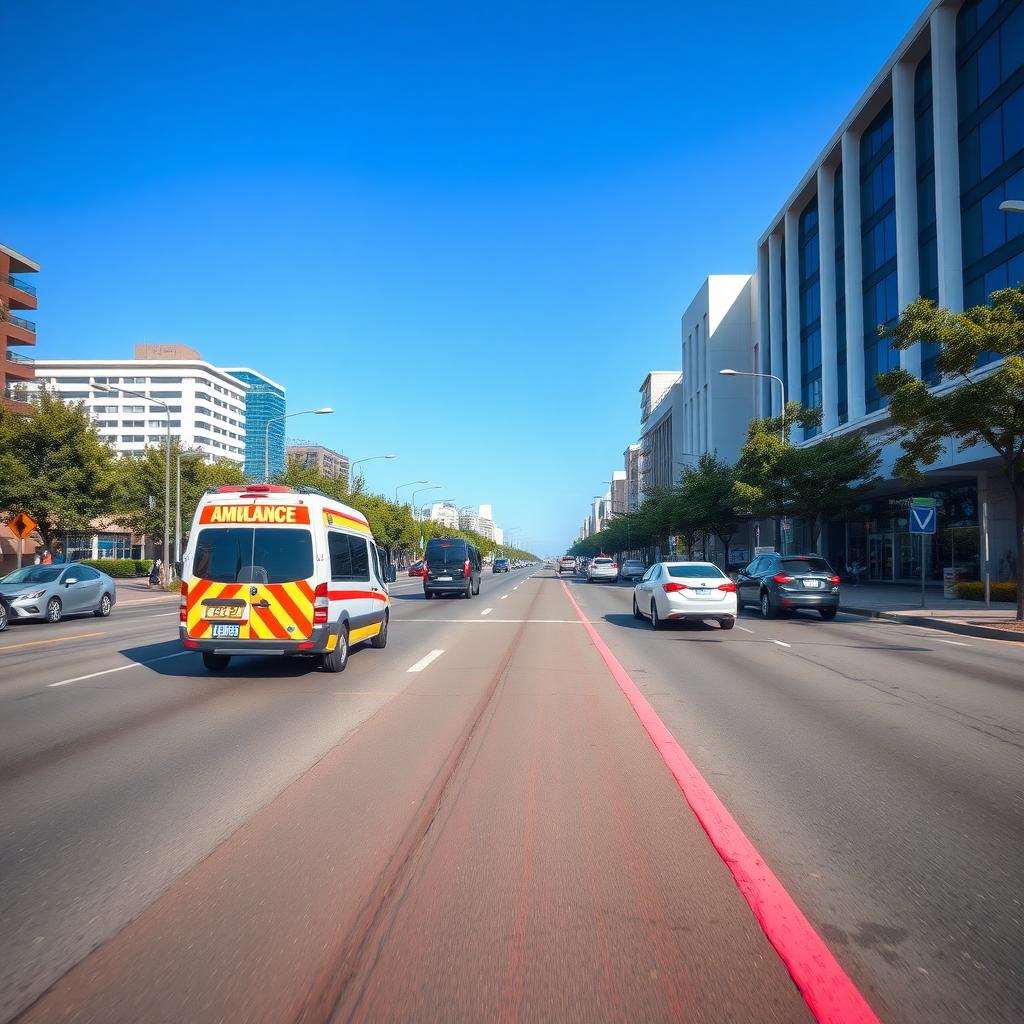 An ambulance travels in a red-marked emergency lane on a city street, with slower traffic in nearby lanes.