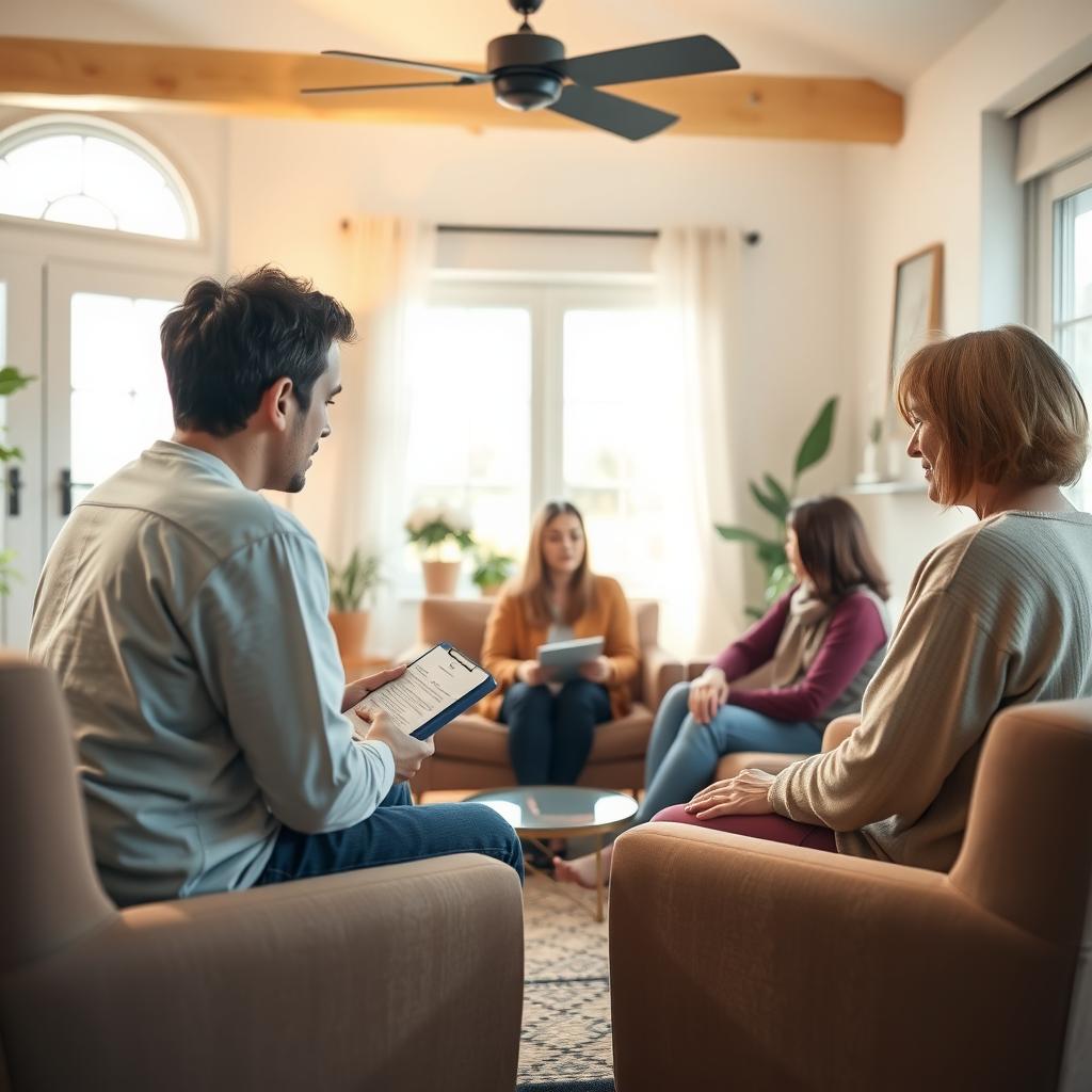 A group of people sitting in a cozy living room, talking supportively in a circle.