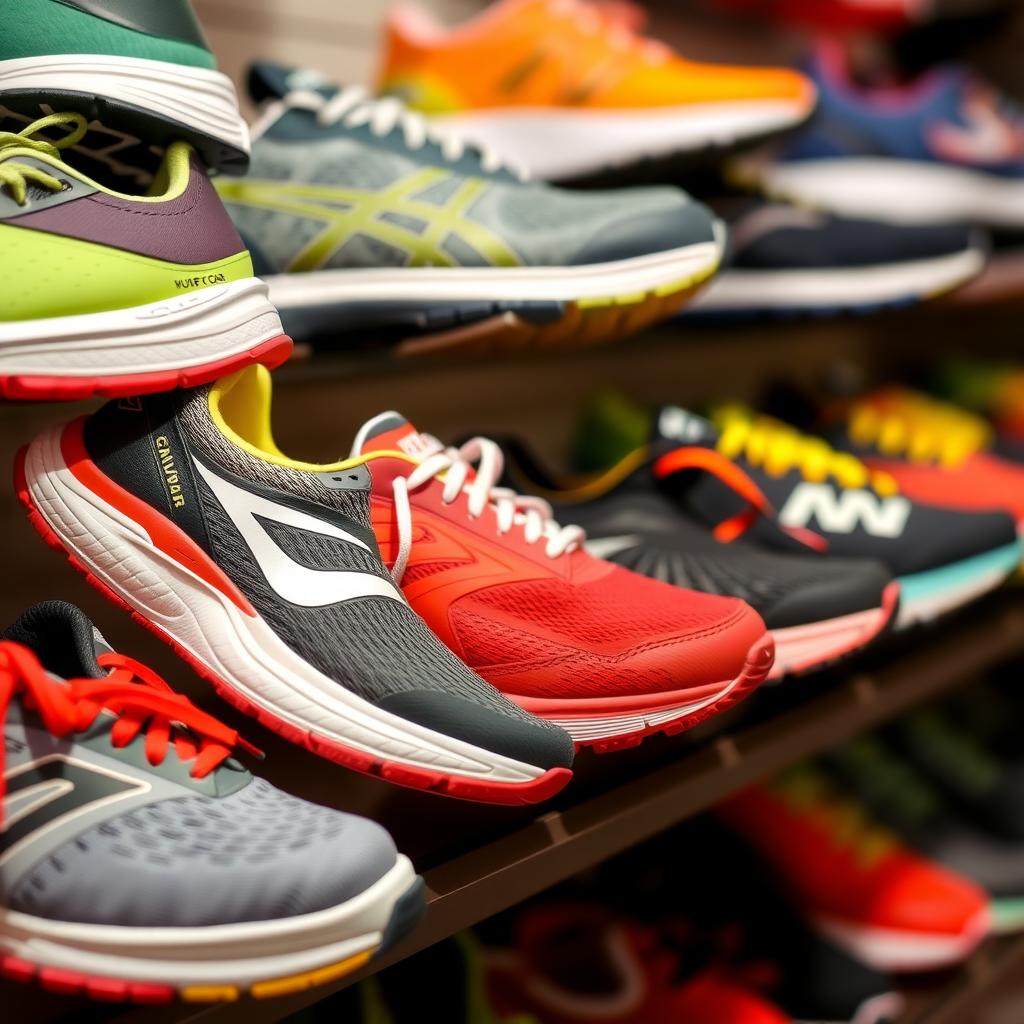 Variety of running shoes on display, highlighting different types and designs.
