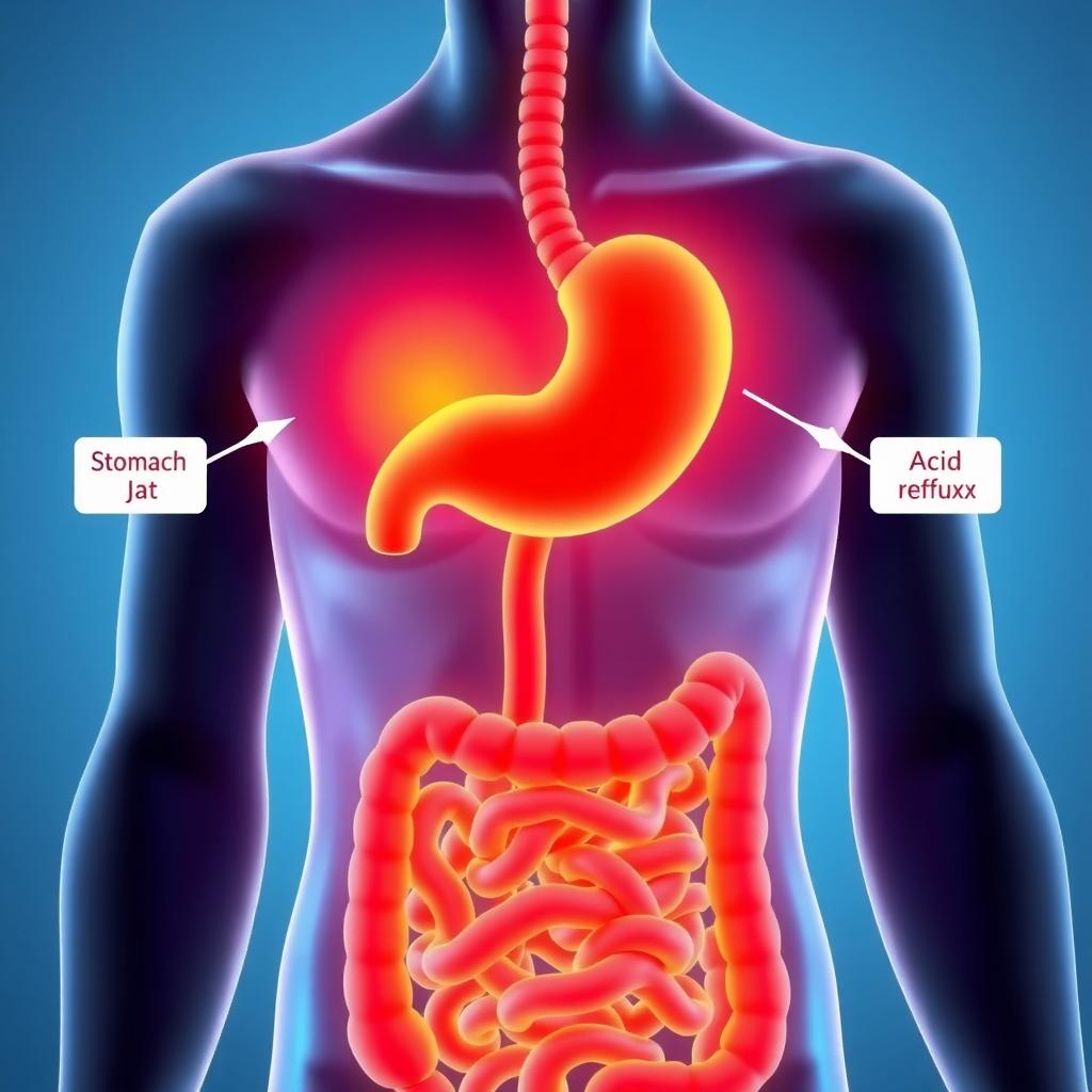 Illustration of the human digestive system with a focus on the stomach and esophagus, showing signs of inflammation.