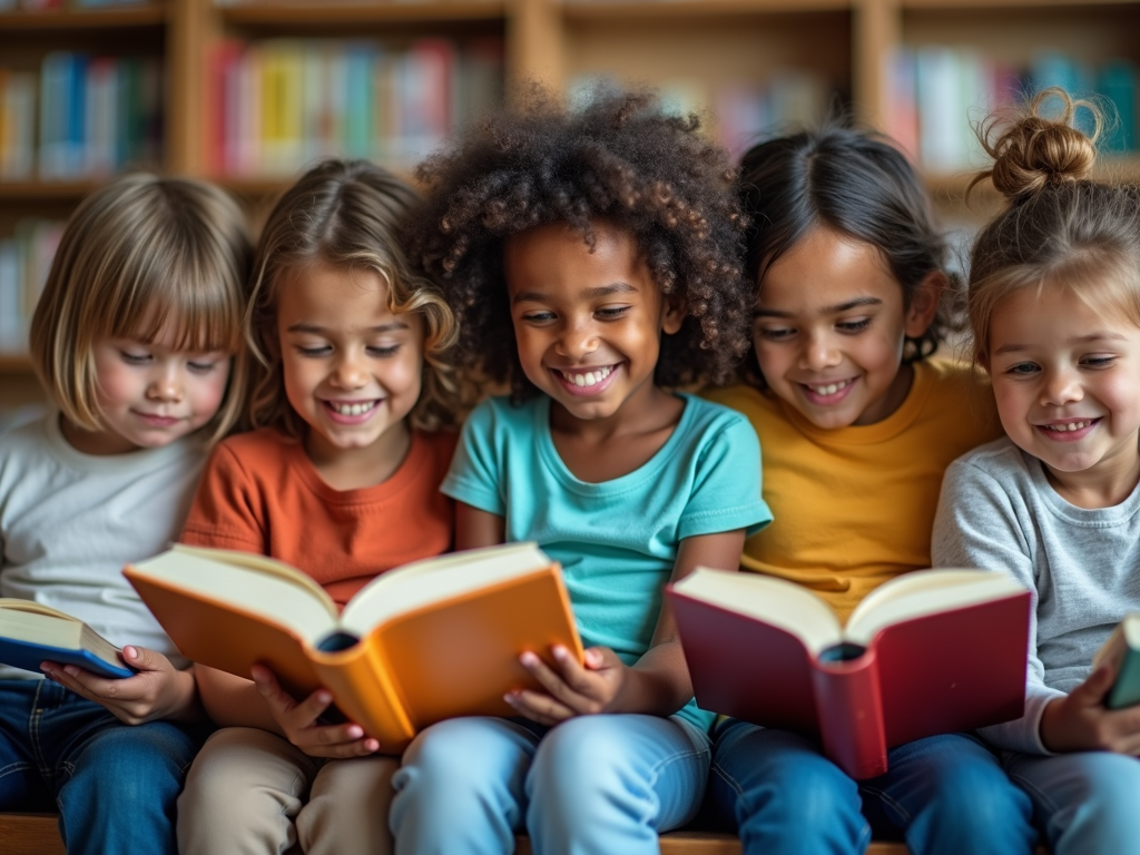 Children of various ages reading books in a library