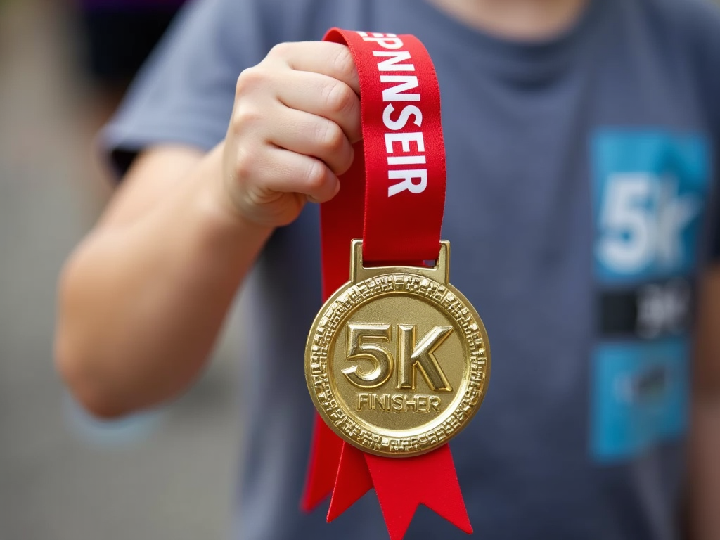 Child holding a 5K finisher medal