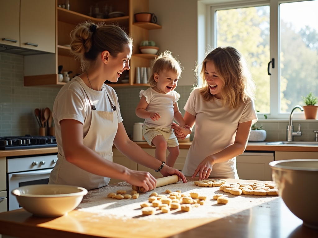 A family baking cookies together in a bright kitchen