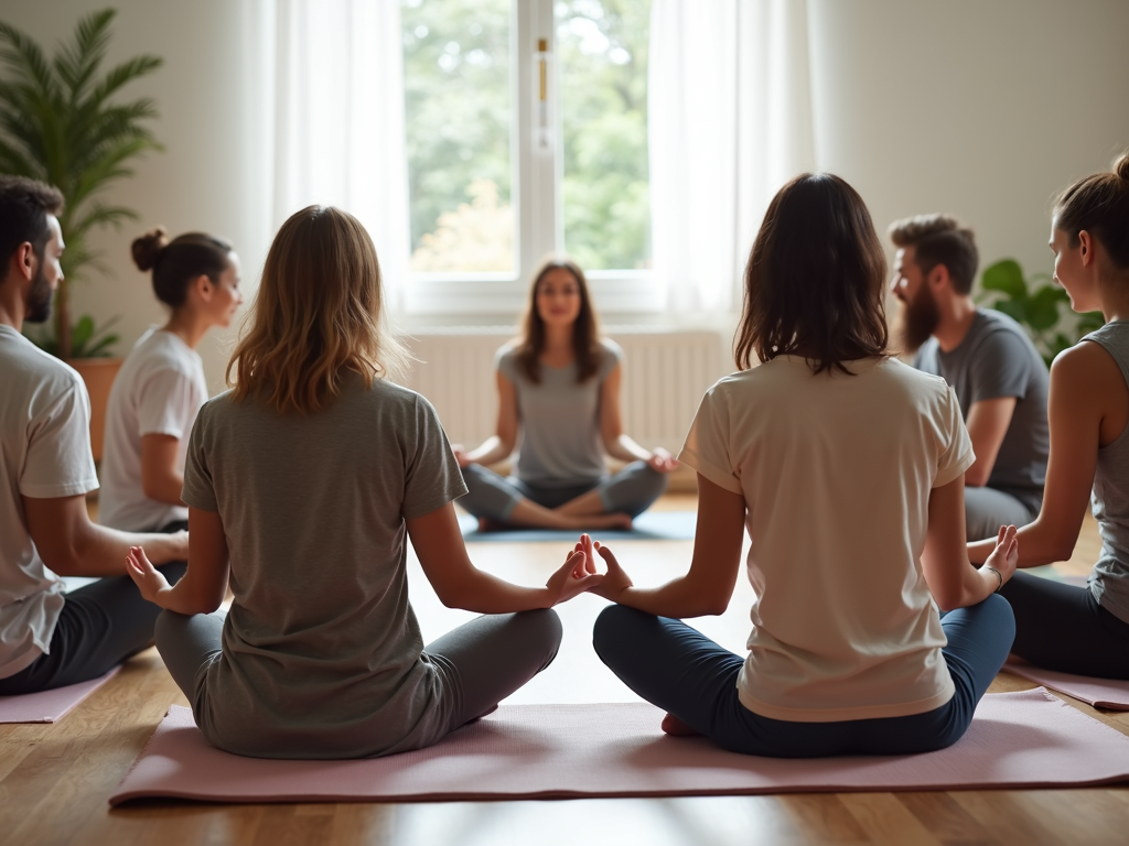 Family meditating together in a cozy living room setting.
