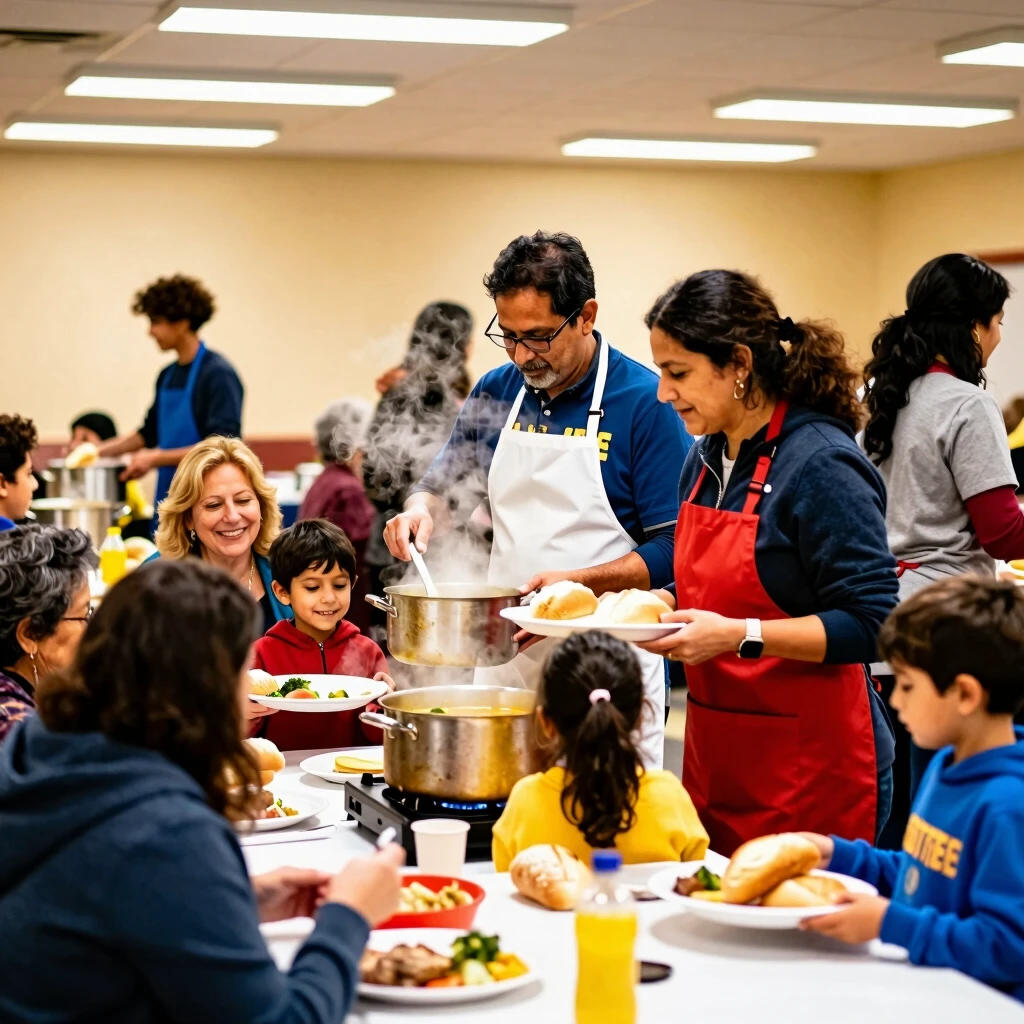 Families collaborating at a community soup kitchen volunteer shift