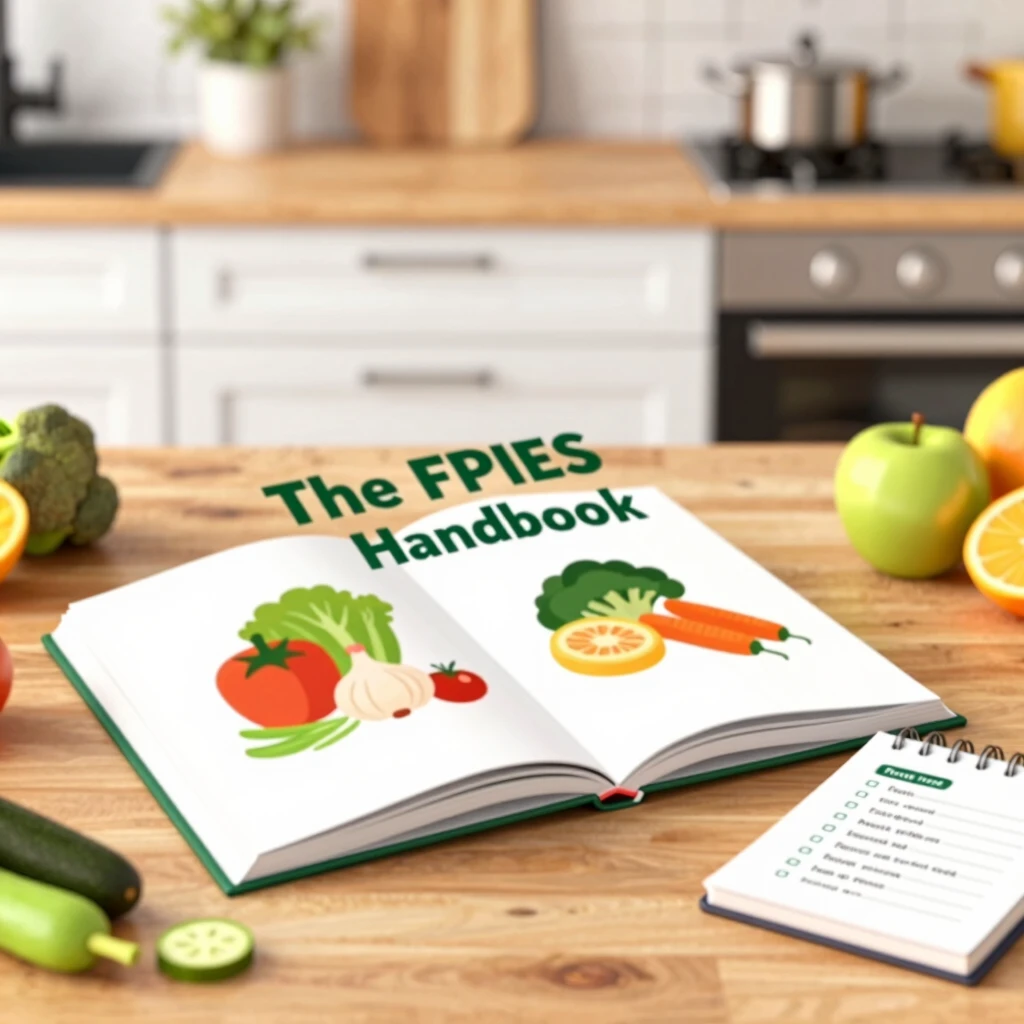 The FPIES Handbook open on a kitchen table with healthy ingredients