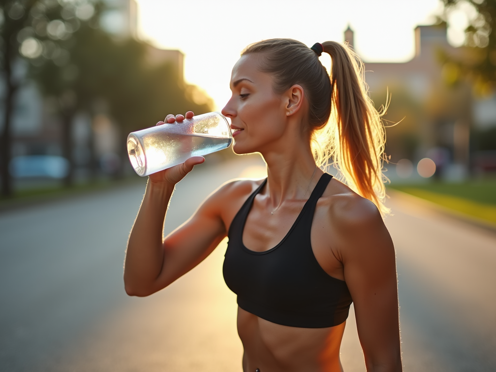 A hydrated individual drinking water during a workout, showcasing the importance of hydration while managing a balanced diet.