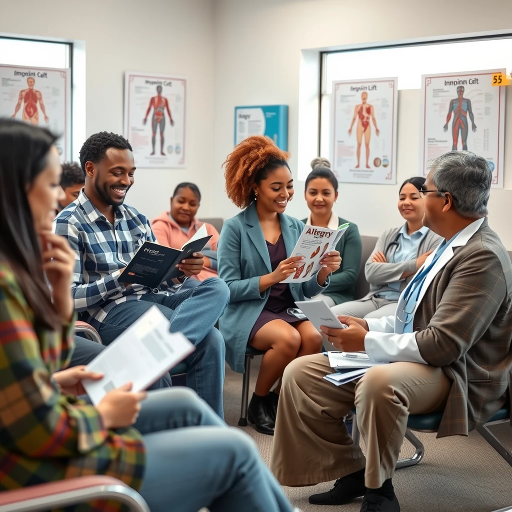 People in an allergy clinic discussing treatments