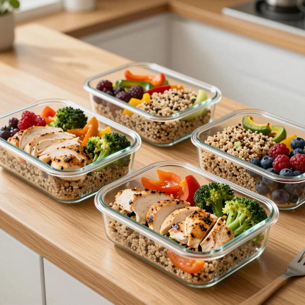 Colorful meal prep containers with healthy foods