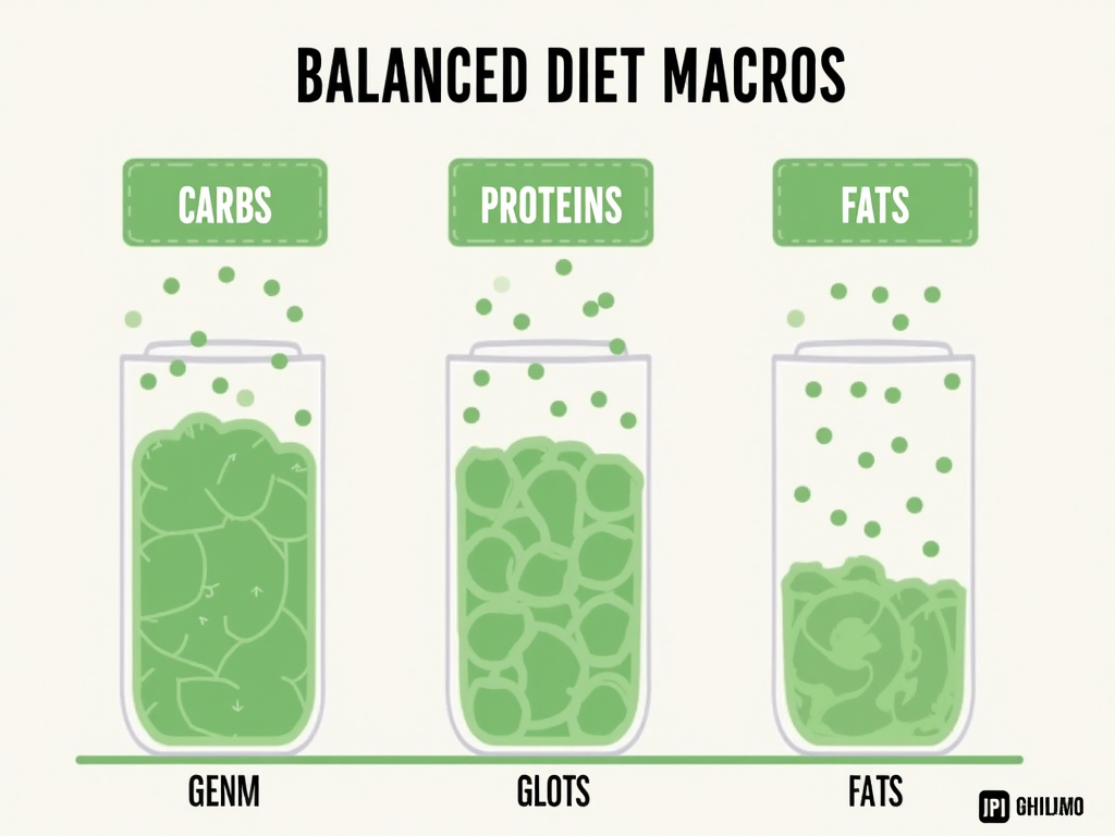 A graphical representation of macronutrient distribution in a balanced diet, showing the ideal percentage of carbohydrates, proteins, and fats.