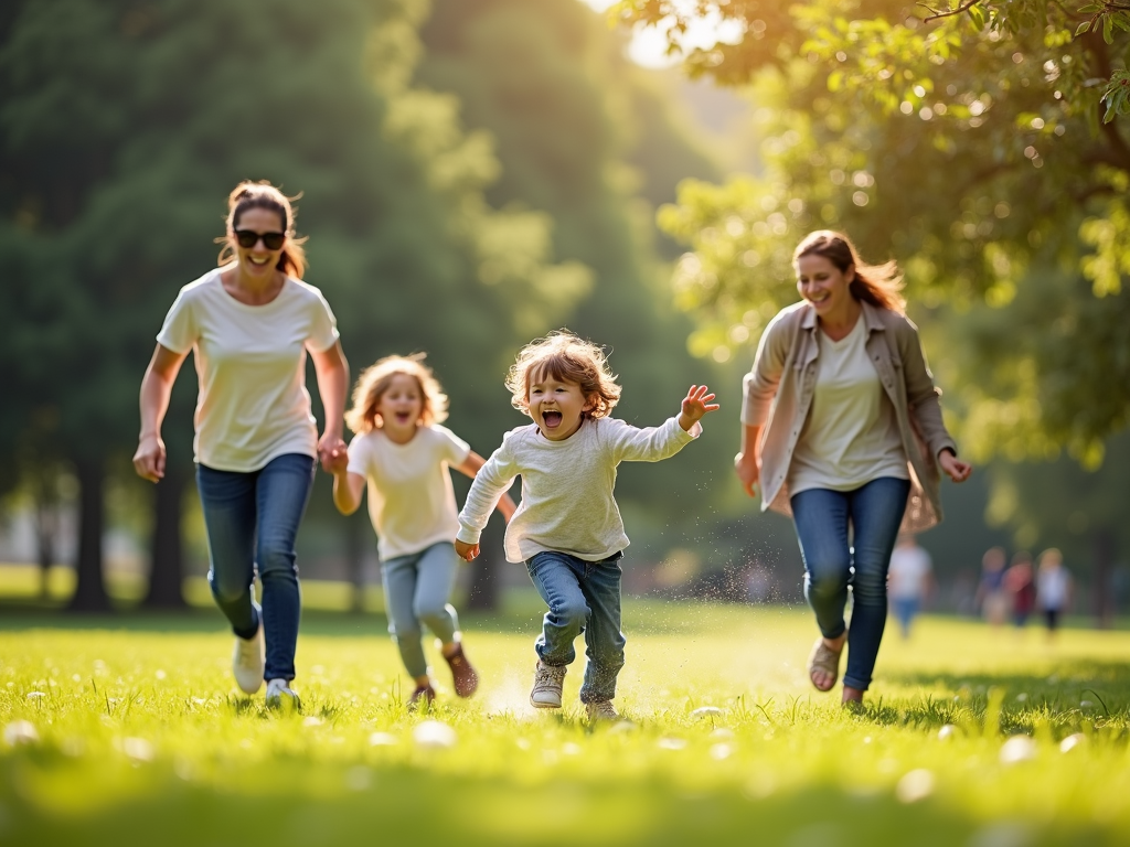 Family playing tag in the park