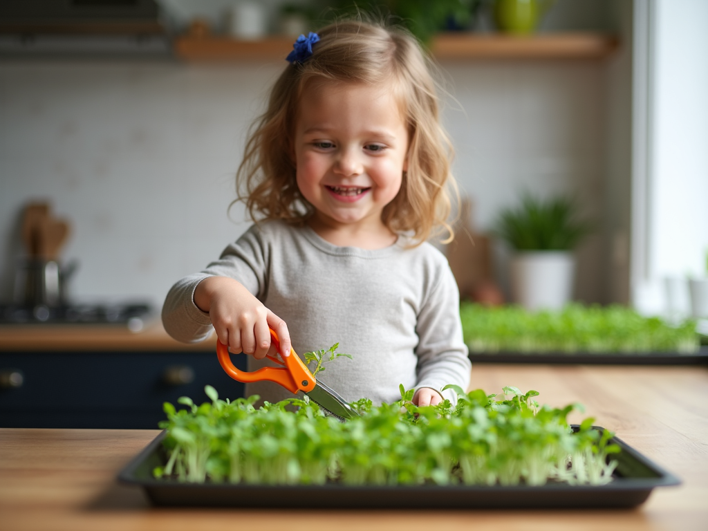 Child harvesting microgreens