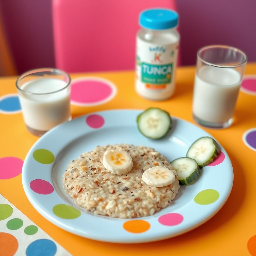 A vibrant meal plate for a child with Chronic FPIES, featuring quinoa porridge with banana, cucumber slices, and rice milk.