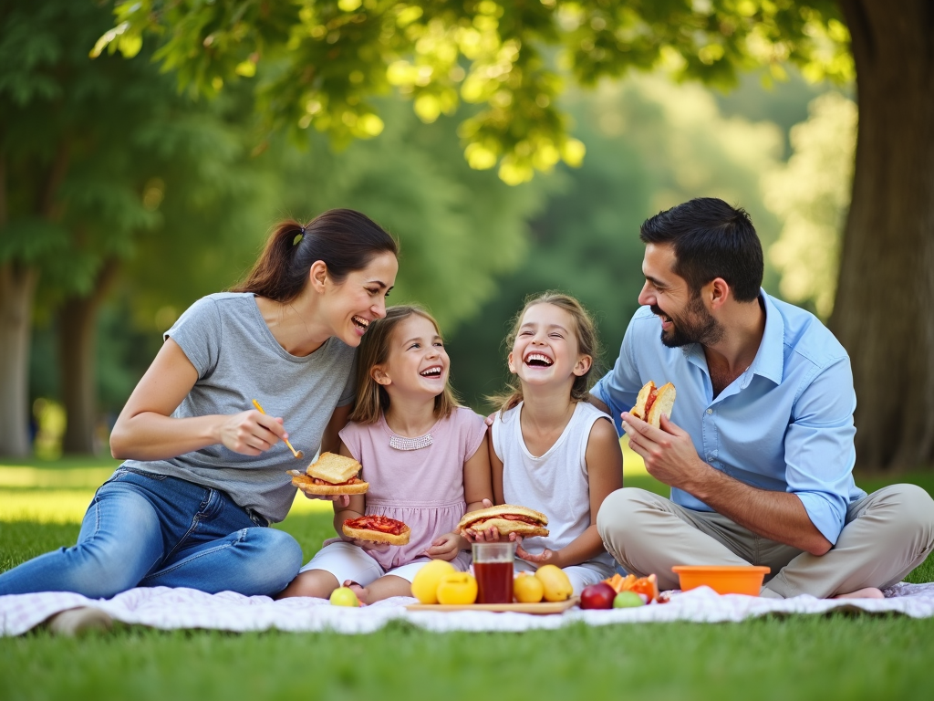 Family enjoying picnic in park