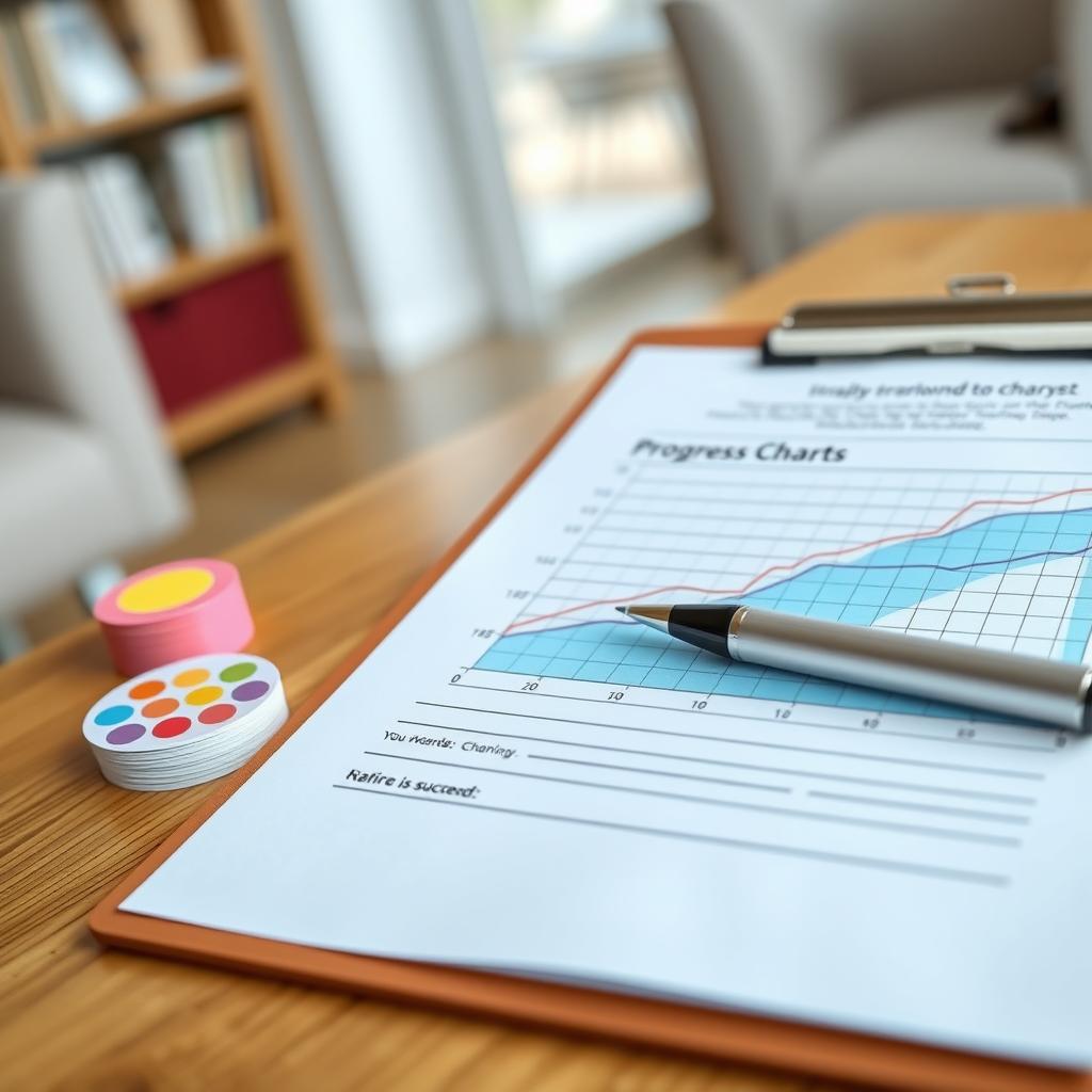 A therapist’s clipboard with a progress chart, pen, and reward stickers on a wooden table.
